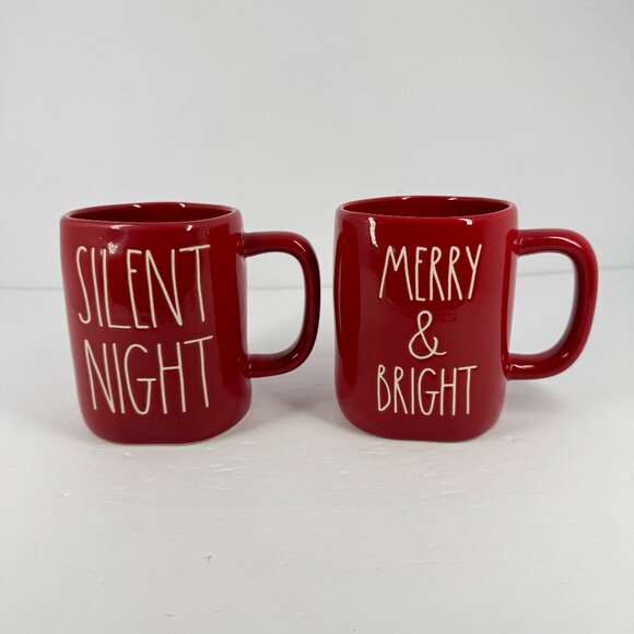 Rae Dunn Silent Night Merry & Bright Red Christmas Mug Set Holiday Coffee Cups - Picture 1 of 7